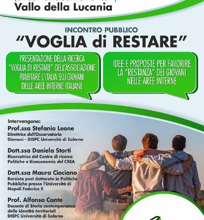 Vallo della Lucania (SA), 14 novembre: presentazione dei risultati della ricerca “Voglia di restare – Indagine sui giovani nell’Italia dei paesi”